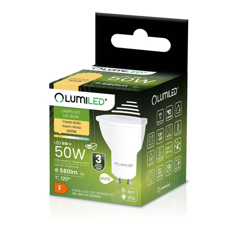 LED GU10 reflektor PAR16 6W = 50W 580LM 3000K, teplá biela 120° so senzorom pohybu LUMILED