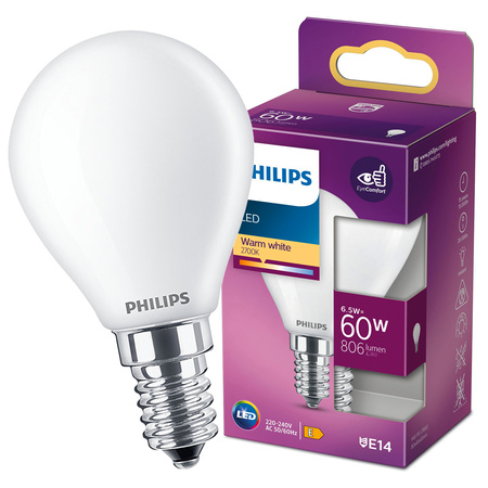 LED žiarovka E14 guľka P45 6,5W = 60W 806lm 2700K teplá biela FILAMENT LED Classic Philips