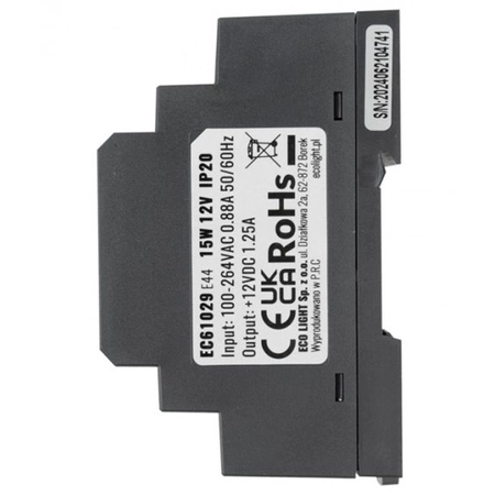 Napájací zdroj na DIN lištu pre LED pásky 15W 12V 1,25A IP20 PREMIUM Ecolight