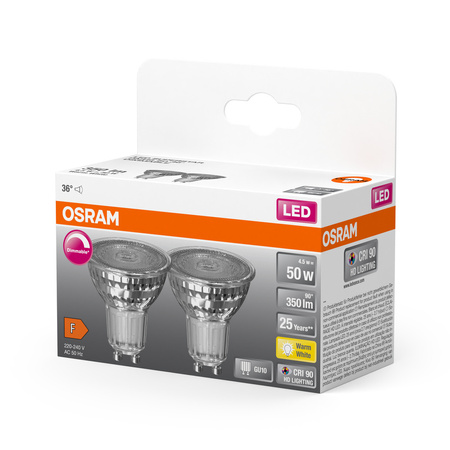 2x LED PAR16 reflektor GU10 4,5W = 50W 350lm 2700K, teplá biela CRI90 36° Stmievateľný SUPERSTAR Osram