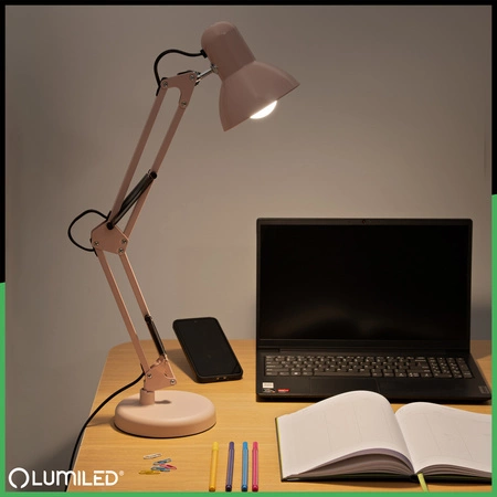 Stolová kresliaca lampa E27 TOBI Pastelová ružová Lumiled + držiak na dosku