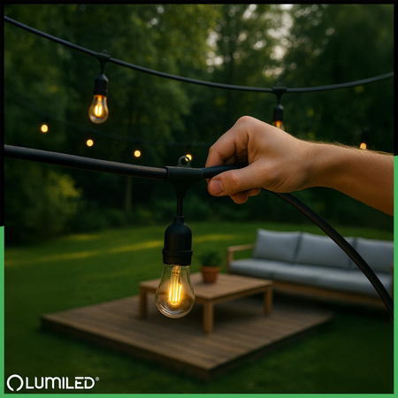 Záhradná vonkajšia svetelná reťaz Girland 20m 40x žiarovky E27 1W 2700K MALUS Lumiled