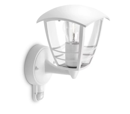 Záhradné nástenné svietidlo Vonkajšia lampa E27 IP44 so senzorom pohybu a súmraku White Creek Philips