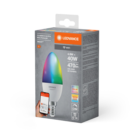 LED sviečka E14 4,9W = 40W 470lm CCT RGB Stmievateľná žiarovka Ledvance SMART+ WiFi