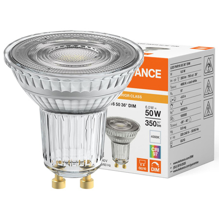 LED žiarovka reflektor GU10 PAR16 6W = 50W 350lm 4000K neutrálna biela 36° CRI97 Stmievateľná Ledvance
