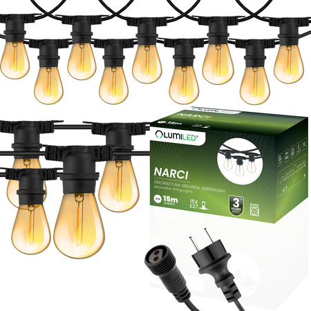 Záhradná vonkajšia svetelná reťaz Girland 15 m 15x žiarovka E27 1,3 W 2200K NARCI Lumiled