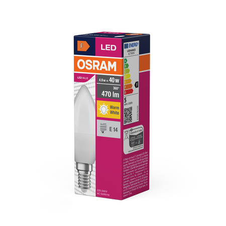 LED žiarovka B37 sviečka E14 4,9W = 40W 470lm 2700K teplá biela 180° VALUE CLASSIC Osram