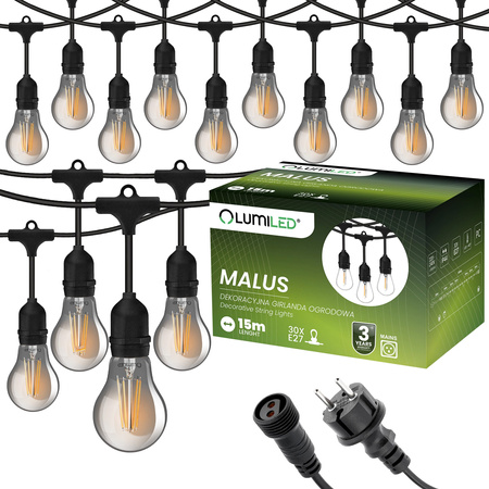 Záhradná vonkajšia svetelná reťaz Girland 15m 30x žiarovky E27 SMOKEY 6W 2200K MALUS Lumiled