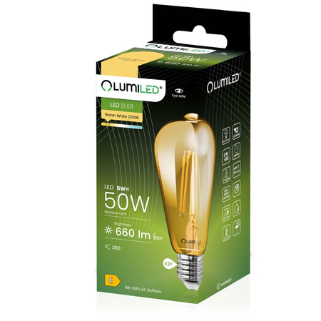 6x LED žárovka E27 Edison ST64 6W = 50W 660lm 2000K Warm 360° BURSHINE FILAMENT LUMILED