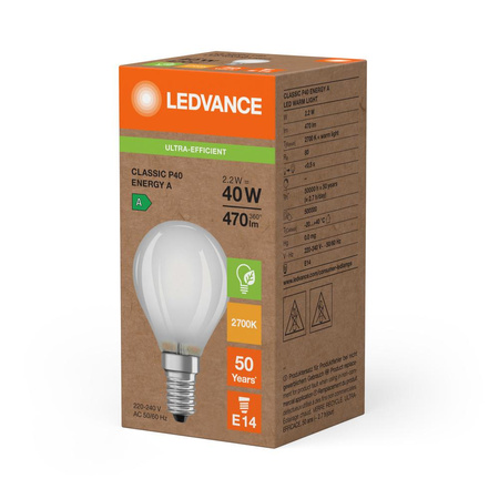 LED žiarovka guľka E14 P45 2,2W = 40W 470lm 2700K teplá biela 330° Ledvance