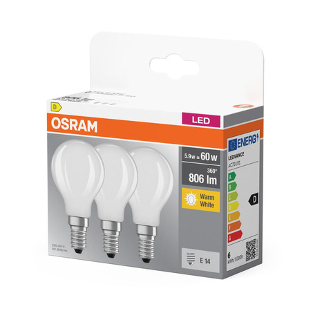 3x LED žiarovka P45 guľka E14 5,5W = 60W 806lm 2700K teplá biela 300° BASE Osram