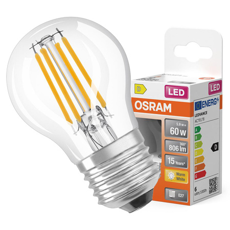 LED žiarovka P45 guľka E27 5,5W = 60W 806lm 2700K teplá biela 300° Retrofit Filament CLASSIC Osram