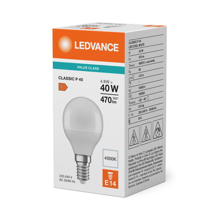 LED žiarovka guľová E14 P45 4,9W = 40W 470lm 4000K neutrálna biela 180° Ledvance
