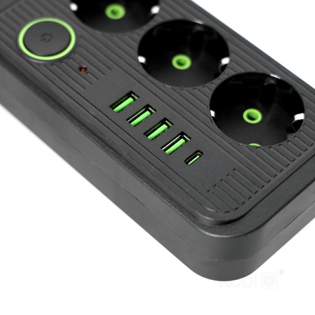 Sieťový predlžovací kábel 3x uzemnená zásuvka Napájacia lišta 4x USB USB-C Vypínač 3m Linea Pro Kobi