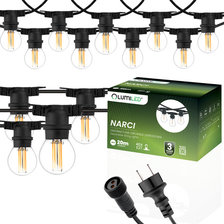 Záhradná vonkajšia svetelná reťaz Girland 20m 40x žiarovky E27 7W 4000K NARCI Lumiled