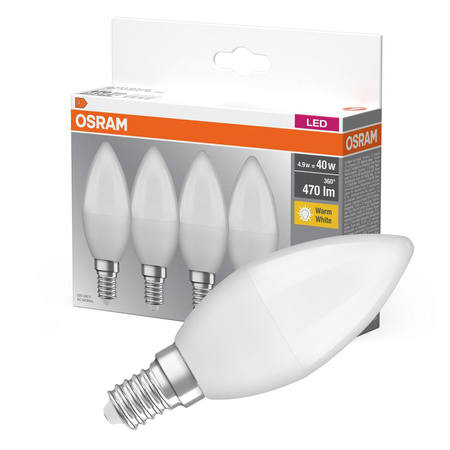 4x LED žiarovka B37 sviečka E14 4,9W = 40W 470lm 2700K teplá biela 180° BASE Osram