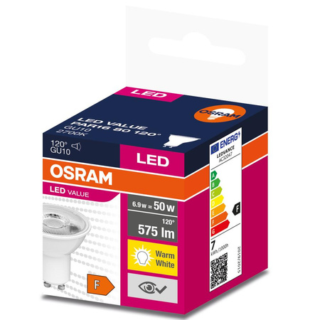 LED PAR16 reflektor GU10 6,9W = 50W 575lm 2700K, teplá biela 120° VALUE Osram