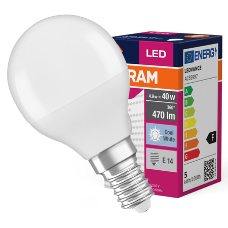 LED žiarovka P45 guľka E14 4,9W = 40W 470lm 4000K neutrálna biela 150° VALUE CLASSIC Osram