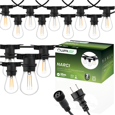 Záhradná vonkajšia svetelná reťaz Girland 20m 20x žiarovky E27 2W 3000K NARCI Lumiled