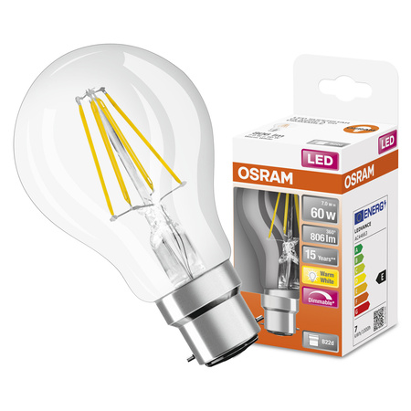 LED žiarovka A60 B22d 7W = 60W 806lm 2700K teplá biela 300° Dimmable Retrofit Filament CLASSIC Osram