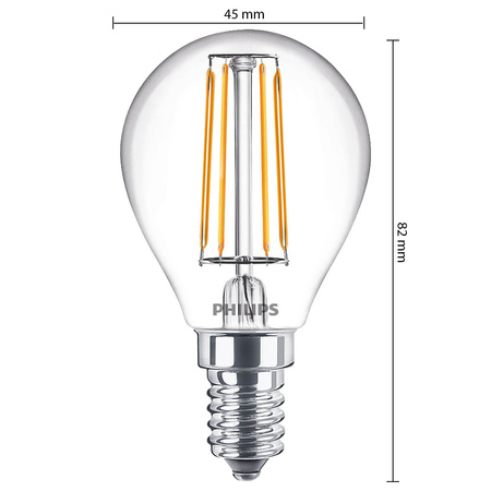 LED žiarovka E14 guľka P45 4,3W = 40W 470lm 2700K teplá biela FILAMENT LED Classic Philips