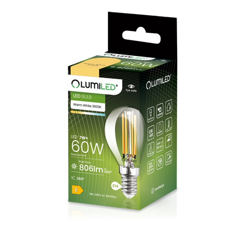 6x LED žiarovka E14 guľka P45 7W = 60W 806lm 3000K teplá biela 360° FILAMENT LUMILED