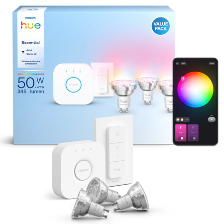 3x LED GU10 reflektor PAR16 4,7W = 50W 345lm 2200-6500K CCT + RGB SMART Smart Bluetooth ZigBee White and Color Ambiance + Bridge Bridge Philips HUE Starter Kit