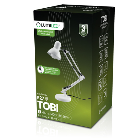 Stolová kresliaca lampa E27 TOBI White Lumiled + držiak na dosku
