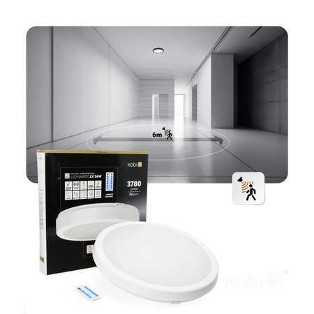 LED stropné svietidlo do kúpeľne Povrchová montáž 36W 3780lm 4000K 120°pohybovým a súmrakovým senzorom Biela IP65 Nairos Kobi
