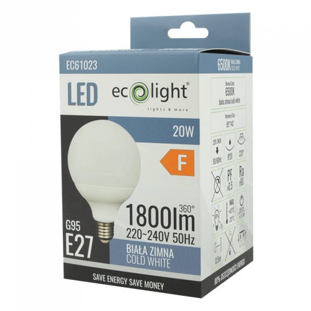 LED žiarovka Sphere G95 E27 20W 1800lm 6500K studená biela Ecolight