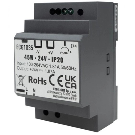 Napájací zdroj na DIN lištu pre LED pásky 45W 24V 1,87A IP20 PREMIUM Ecolight