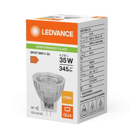 LED žiarovka GU4 MR11 4,2W = 35W 345lm 2700K teplá biela 36° 12V Ledvance
