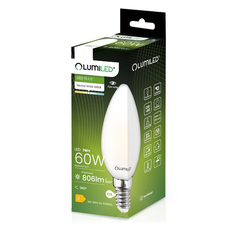 LED žiarovka E14 sviečka B35 7W = 60W 806lm 4000K neutrálna biela 360° FILAMENT LUMILED