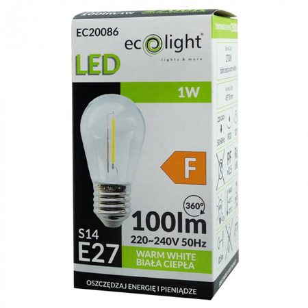 LED žiarovka Edison S14 E27 1W 100lm 2700K teplá biela FILAMENT Ecolight