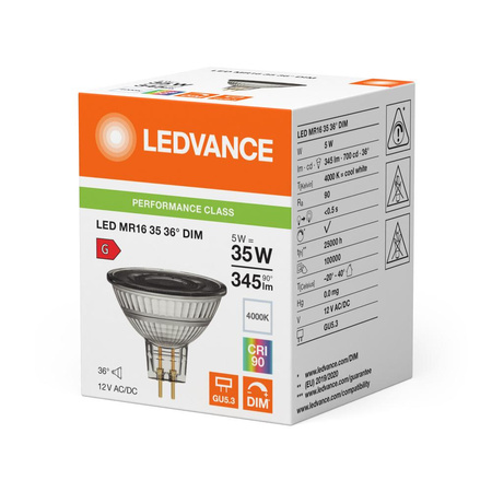 LED žiarovka reflektor GU5.3 MR16 5W = 35W 345lm 4000K neutrálna biela 36° 12V CRI90 Stmievateľná Ledvance
