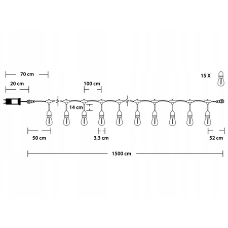 Záhradná vonkajšia svetelná reťaz Girland 15 m 15x žiarovky E27 2W 3000K MALUS Lumiled