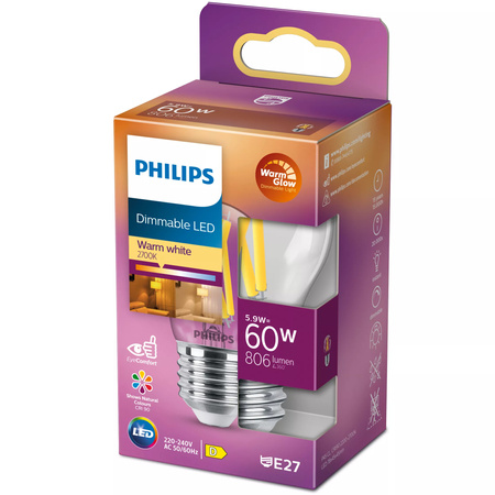 LED žiarovka E27 guľka P45 5,9W = 60W 806lm 2200-2700K teplá biela CRI90 FILAMENT Dimmable WarmGlow Philips