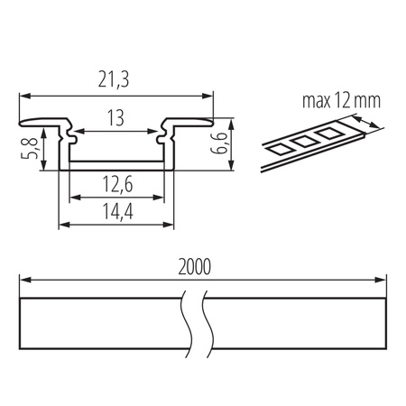 Hliníkový profil pre povrchovú montáž LED pásu Eloxovaný 2m PROFILO Kanlux 10ks.