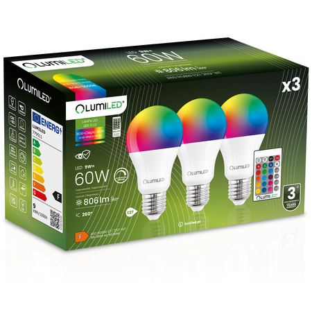 3x LED žiarovka E27 A60 9W = 60W 806lm 3000K + RGB Multicolour 260° Stmievateľná Pilot LUMILED