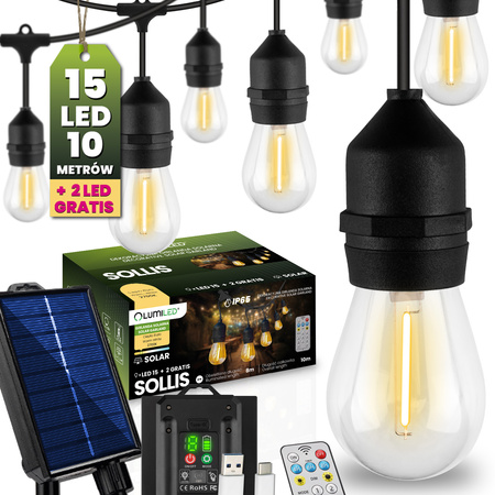 Solárna záhrada Girland 15x LED dekoratívne žiarovky 10m + PILOT IP65 2700K, teplá biela SOLLIS LUMILED