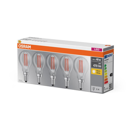 5x LED žiarovka P45 guľka E14 4W = 40W 470lm 2700K teplá biela 300° BASE Osram