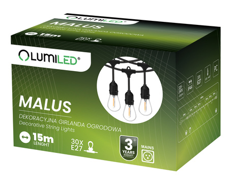 Záhradná vonkajšia svetelná reťaz Girland 15 m 30x žiarovky E27 2W 3000K MALUS Lumiled