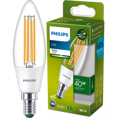 LED žiarovka E14 sviečka B35 2,3W = 40W 485lm 210lm/W 3000K teplá biela 300° CLASS A UltraEfficient Philips