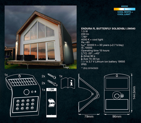 Vonkajšia solárna nástenná lampa LED 1,5 W 220 lm 4000K IP65 čierna so senzorom pohybu a súmraku Endura Ledvance