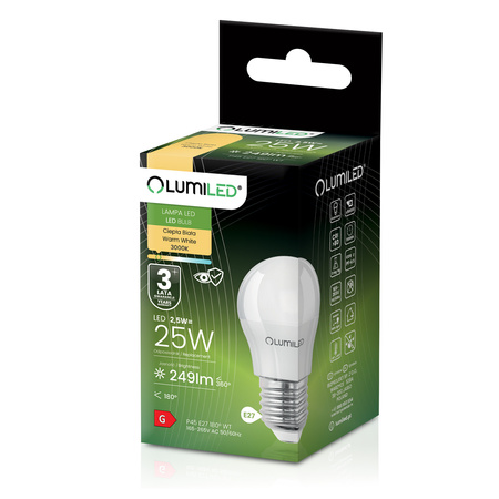 LED žiarovka E27 guľka P45 2,5W = 25W 249lm 3000K teplá biela 180° LUMILED