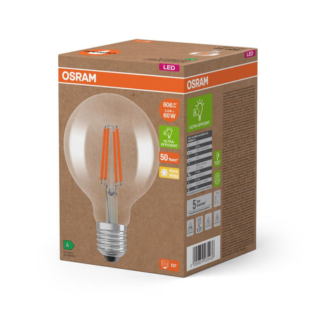 LED žiarovka G95 Sphere E27 3,8W = 60W 806lm 2700K teplá biela 300° Filament CLASSIC ENERGY EFFICIENCY Osram
