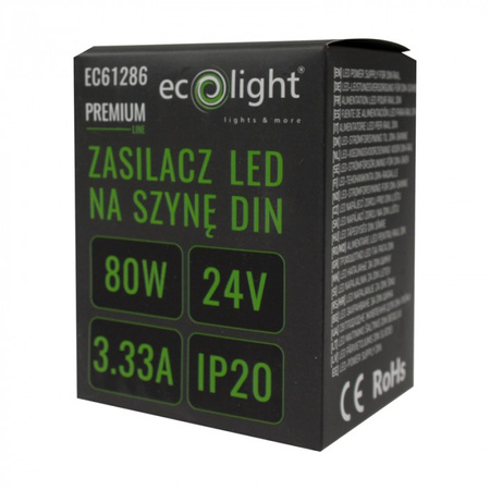 Napájací zdroj na DIN lištu pre LED pásky 80W 24V 3,33A IP20 PREMIUM Ecolight