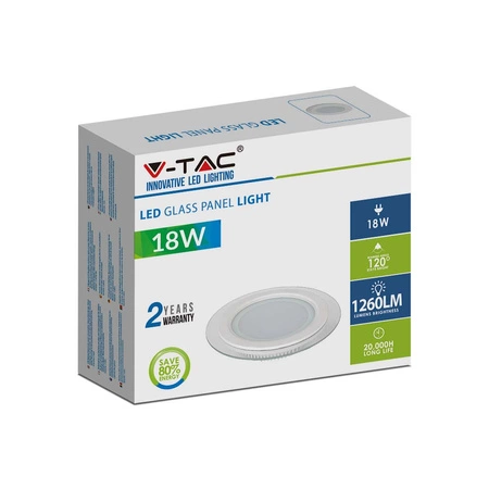 Bez blikania VT-1881G V-TAC zapustený 18W 6000K sklenený okrúhly LED panel