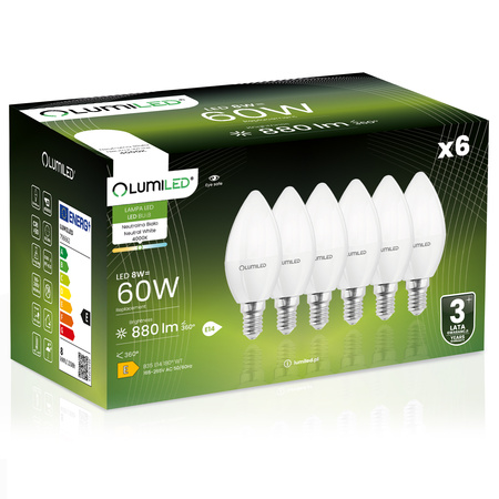 6x LED E14 CANDLE 8W = 60W 4000K neutrálna biela CCD žiarovka