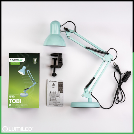 Stolová kresliaca lampa E27 TOBI Blue Lumiled + držiak na dosku